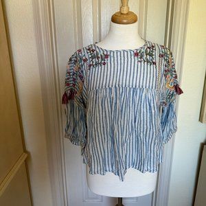 Zara Trafaluc Collection Blue Striped Embroidered Flowy Crop Top Blouse Size M